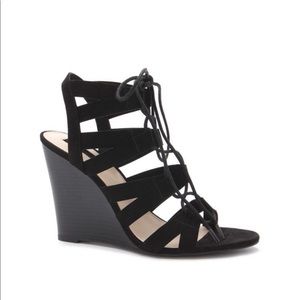 Lace up faux suede black wedges
